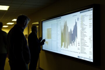 Poster - People analyze chart data on large monitor in dark office.