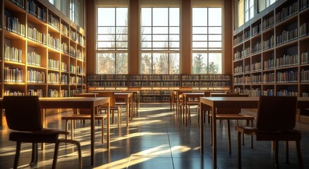 Leinwandbilder - Sunny library room with tables and shelves.