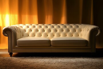 Wall Mural - Elegant white leather chesterfield sofa illuminated by studio lighting on a soft beige rug