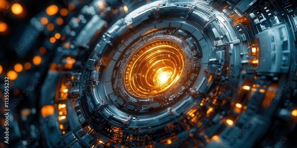 Futuristic Orbital Power Generator Hologram, vibrant 3D design showcasing advanced energy technology in a sleek, innovative style