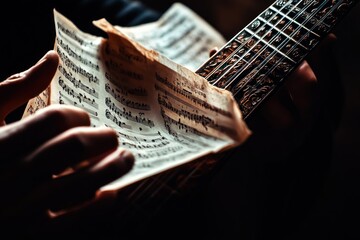 Aufkleber - Musician reading musical score while holding guitar.