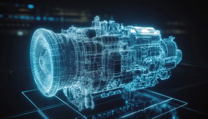 Holographic projection of a glowing blue electric engine with detailed wireframe on dark background