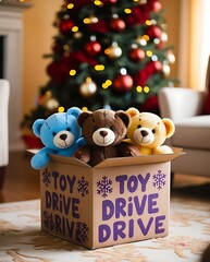 cardboard box labeled 'Toy Drive' filled with a variety of colorful teddy bears and toys, creating a heartwarming scene for the holiday season. Perfect for charity campaigns, gift drives