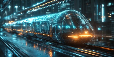 Wall Mural - Futuristic Urban Monorail Hologram, vibrant cityscape, sleek design, illuminated tracks, advanced technology, dynamic transportation vision