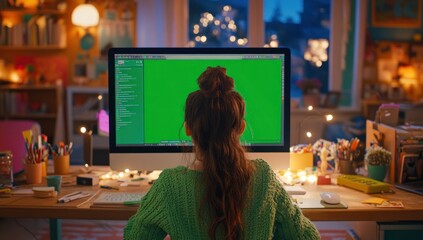 Poster - Woman works at desk with a green screen computer.