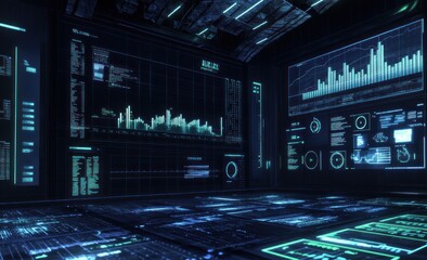 Aufkleber - Dark room displays data graphs on screens, monitors.