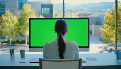 Poster - Woman works at computer, green screen with scenic view behind.
