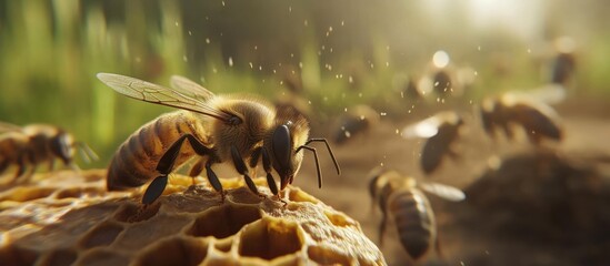 Aufkleber - Honeybees on honeycomb, flying with pollen.