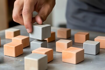 Aufkleber - Hand placing gray wooden block on table.