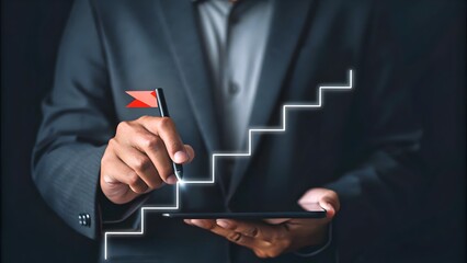 Business success and goal achievement steps. Planning, Businessman drawing check marks on virtual staircase steps toward achieving goals, ending with red flag as success marker,progress, goal setting