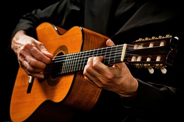 Poster - Man playing acoustic guitar with hands on neck and strings.
