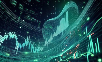Aufkleber - Green digital data graphs with flowing lines, abstract technology.