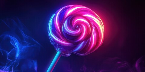 Wall Mural - Glowing Neon Lollipop Icon, vibrant holographic design, swirling patterns, captivating and playful visual appeal, modern digital art