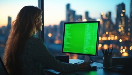 Poster - Woman codes on computer with green screen, city view.