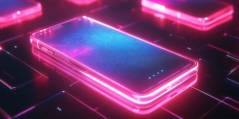 Poster - holographic smartphone icon, sleek design, vibrant glowing interface, futuristic technology represen