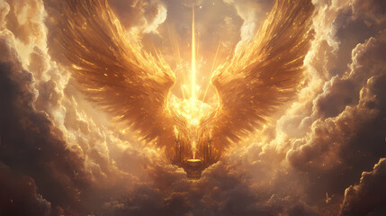 Wall Mural - celestial clouds form a majestic backdrop for a radiant, golden throne, adorned with intricate wings