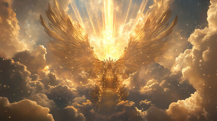 Wall Mural - celestial clouds form a majestic backdrop for a radiant, golden throne, adorned with intricate wings