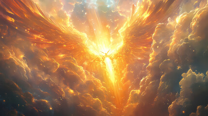 Wall Mural - celestial clouds form a majestic backdrop for a radiant, golden throne, adorned with intricate wings
