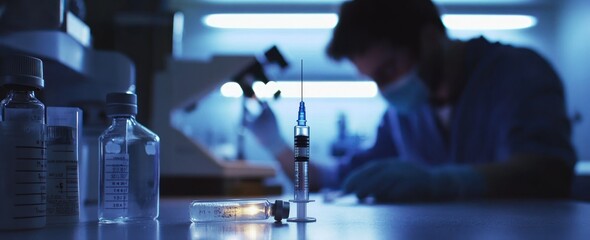 Aufkleber - Scientist works in lab with syringe, microscope, vials, petri dish on counter.
