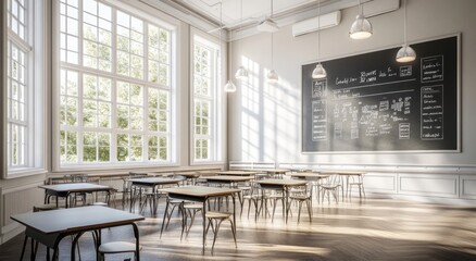 Poster - Bright empty classroom with desks, chairs and chalkboard.