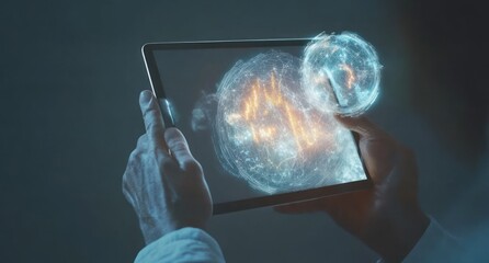 Leinwandbilder - Person holds tablet displaying digital heart with waveform.