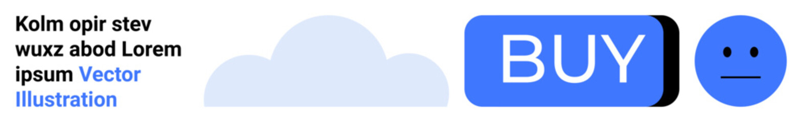 Cloud, blue BUY button, and neutral face symbol communicate online shopping and cloud computing. Ideal for e-commerce, tech services, digital media, user interface design, UXUI, web development