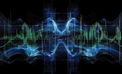 Poster - Digital fractal waveform with blue, green, and white on black background.