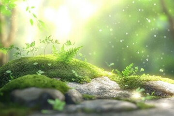 Poster - Sunlight shines on moss and ferns in a lush green forest scene.