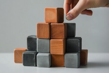 Aufkleber - Hand placing cube on stack of wooden blocks.