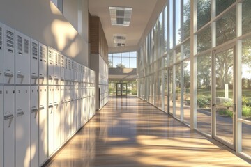 Leinwandbilder - Sunny school hallway with lockers and large windows.