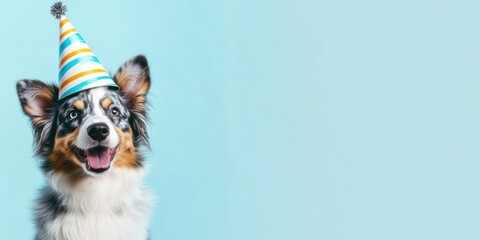 Sticker - Happy dog wearing party hat on light blue background.