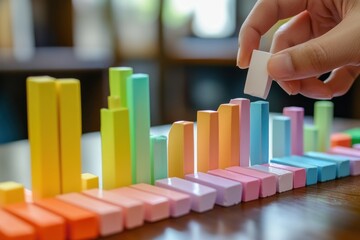Fototapete - Hand building bar graph with colorful blocks.