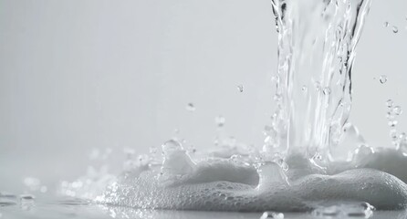 Aufkleber - Water pouring, creating splash and bubbles on light surface.