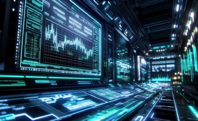 Aufkleber - Futuristic control room with glowing screens and displays.