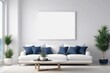 © DARPANA - Coastal style living room interior, room in White and Marine Blue colors, blank white poster frame