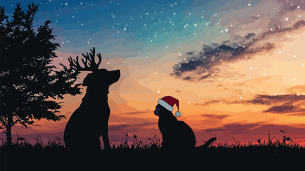 Naklejka na meble Silhouette of Pets in Christmas Costumes by Holiday Tree, Pets in Christmas CostumesChristmas day, New Year's Eve, Happy New Year