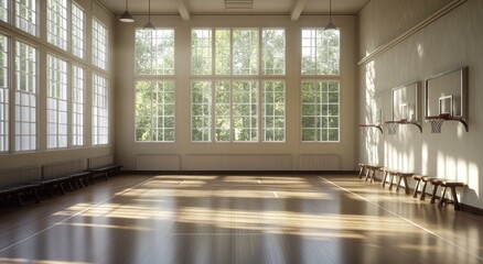 Poster - Empty gymnasium with bright windows and wooden floor.