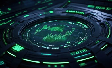 Leinwandbilder - Glowing green data chart on futuristic circular panel.