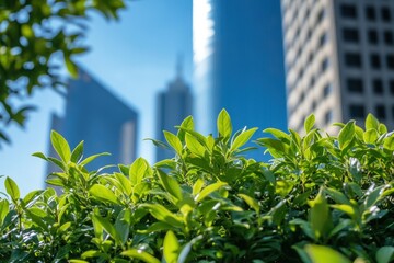 Aufkleber - Green leaves with blurred city buildings.