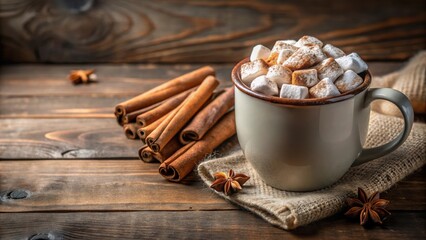 Wall Mural - Cozy hot cocoa mug with cinnamon sticks and marshmallows , hot cocoa, cozy, mug, cinnamon sticks, marshmallows, warm