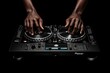 © Babycrab - Dj hands mixing music on black console.
