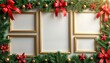 © Pete - Christmas photo frames arranged in collage style. Gold frames. Festive green plants of pine branches, red ribbons, bows, gold baubles, red stars. Empty frames for photos. Suitable for variety of