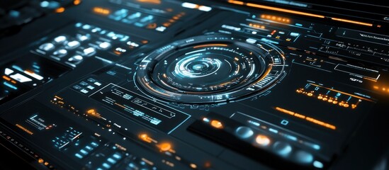 Futuristic digital interface with glowing buttons and circular display.