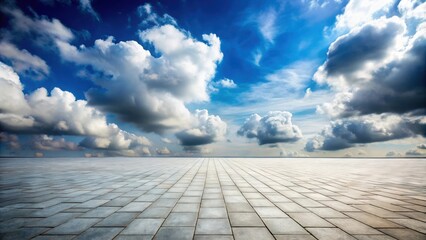 Wall Mural - empty brick floor with a sky filled with fluffy clouds in the background, brick, floor, empty, sky, 