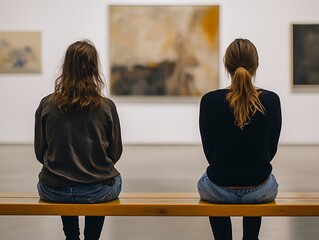 Two women sitting on a bench observing art in a modern gallery : Generative AI