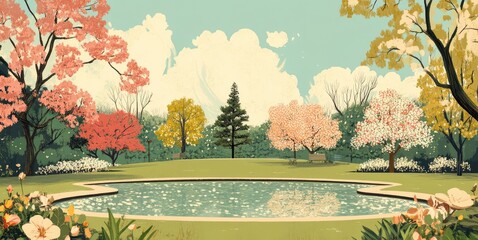 Wall Mural - representation of April Fools' Day, showcasing a serene park where trees playfully swap their leaves, and flowers bloom in surprising patterns