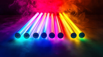 Canvas Print - Colorful neon light tubes glowing in misty atmosphere during a nighttime event