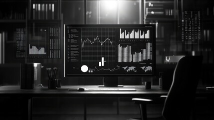 Aufkleber - Dark and Moody Workspace with Computer Monitors Displaying Financial Data and Graphs in a Modern Office Setting for Data Analysis and Research