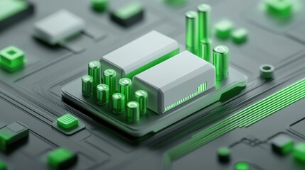 Poster - Green Circuit Board with Neon Components Representing Technology and Innovation in the Modern Digital World, Showcasing Abstract Electronic Design Elements