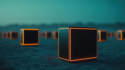 Fototapete - Futuristic Scene with Neon-lit Cubes in a Mysterious Landscape, Evoking a Sense of Technology and Innovation with Blurry Background Elements and Glowing Edges